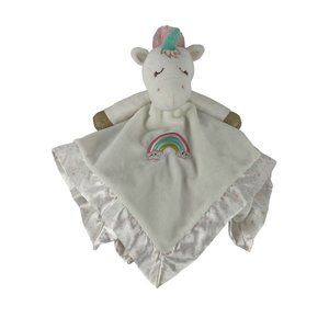 Douglas Baby Unicorn Lovey White Pink Rainbow Satin Trim Baby Security Blanket